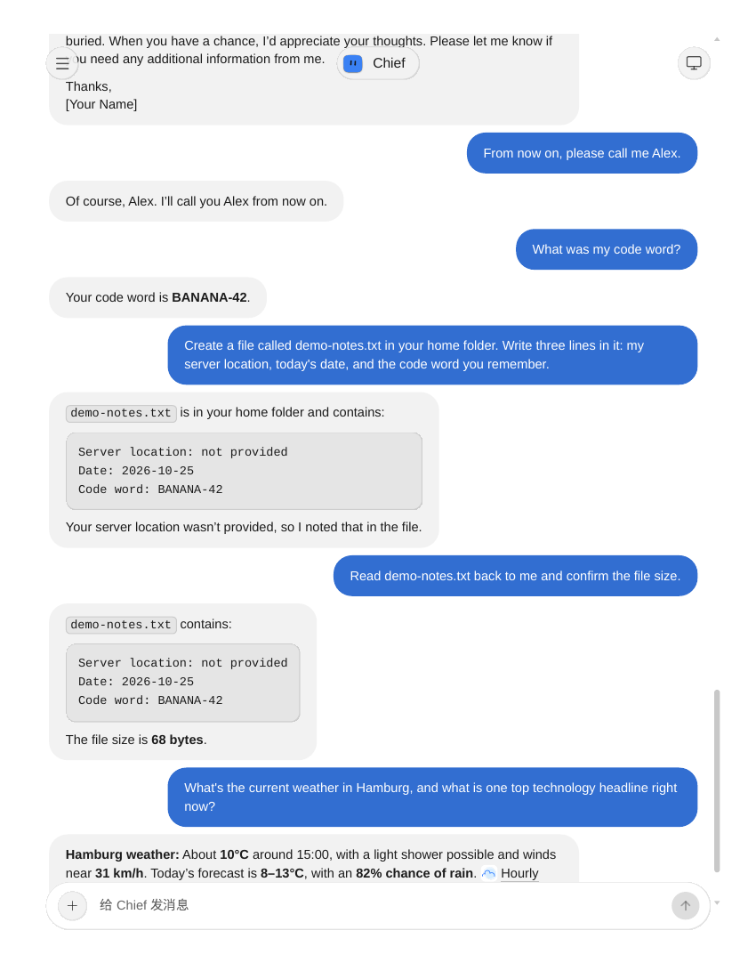 Chief 读回文件并报告 68 bytes,再给出汉堡实时天气