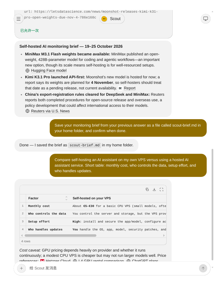 Scout 的自托管 AI 情报简报(带来源)并确认已存档